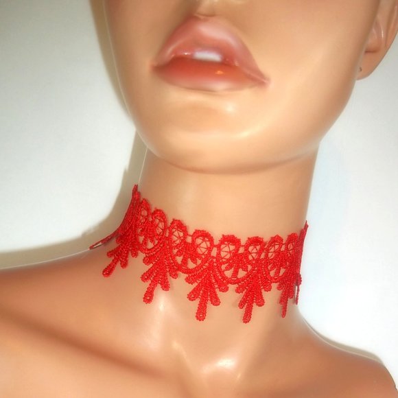 Red Lace Scallop Choker, Red Choker, Red Lace Choker Necklace, Red Accessories - Picture 3 of 4
